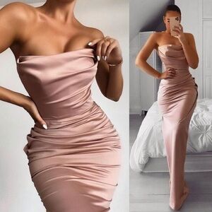 House of CB Adrienne Blush Satin Strapless Gown